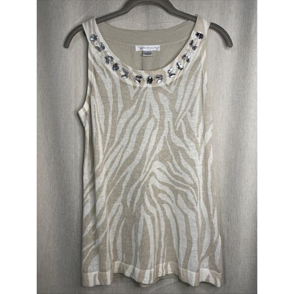 August Silk Woman’s Light Knit Tank - Beige Zebra - Jeweled Collar - Size Medium - Picture 1 of 5